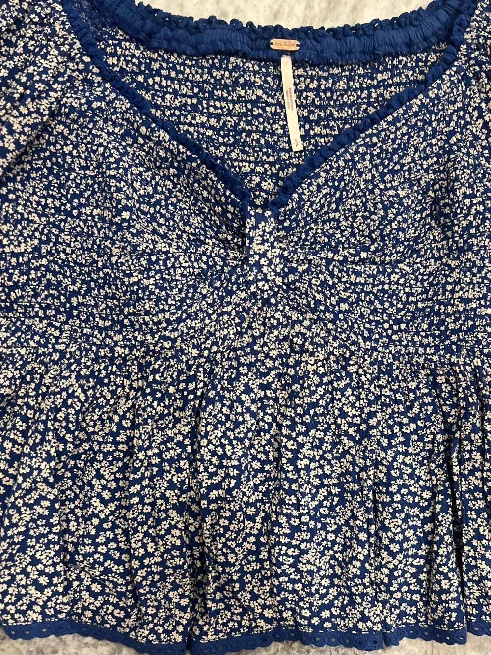 Free People Navy Blue Floral Puff Sleeve Crop Top